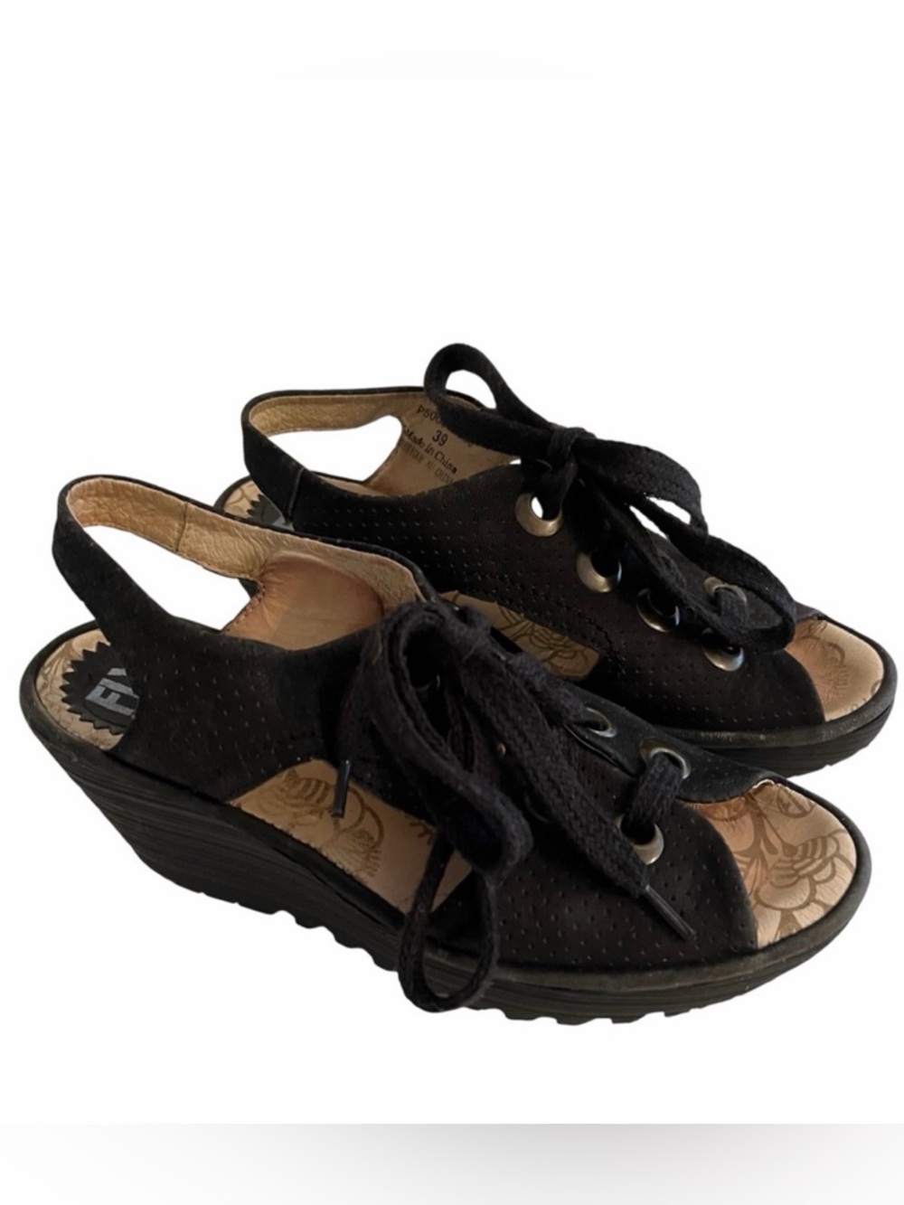 Fly London Black Perforated Leather Tie Yiva Wedge Sandal 39(8-8.5)